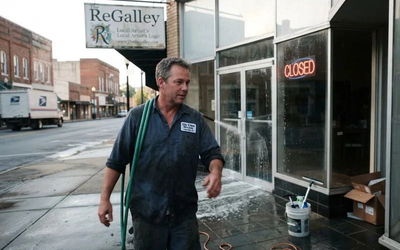 A commercial storefront sidewalk and entryway being pressure washed early in the morning before business hours in Columbia SC