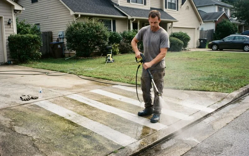 A pressure washing technician power washing a driveway in front of a house in Columbia SC on a sunny afternoon