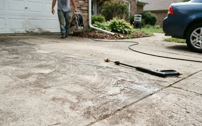 A close-up of etched stripe marks left on a concrete driveway from improper pressure washing technique