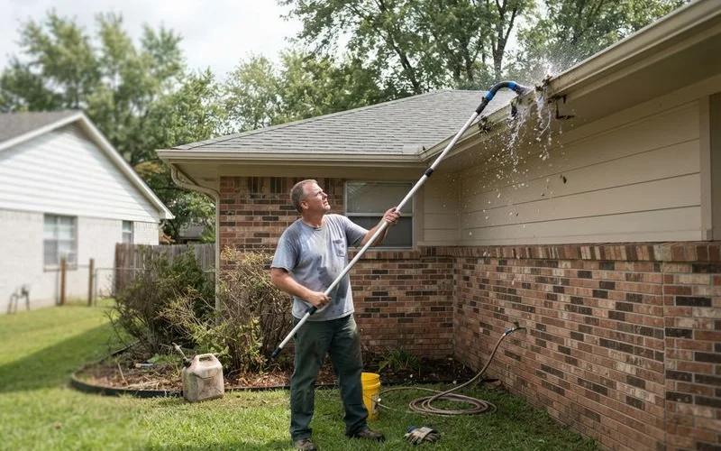 A professional crew using an extension pole and safety equipment to clean second story gutters instead of climbing a ladder