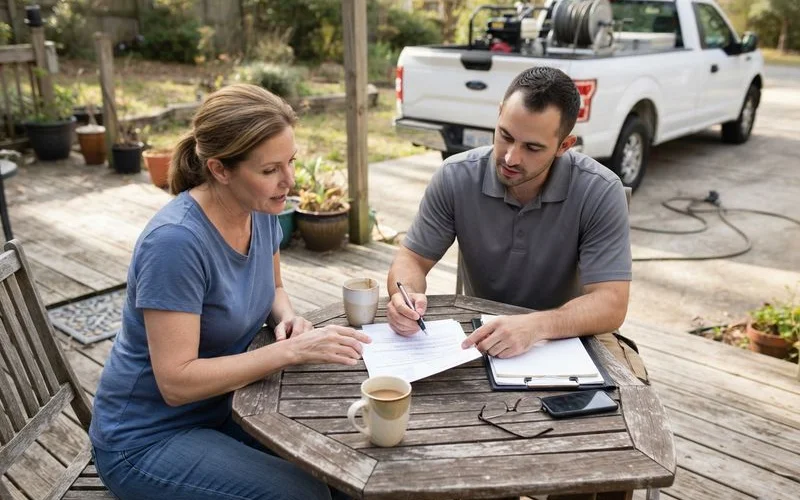 A homeowner reviewing a contractor's certificate of insurance document before a pressure washing appointment