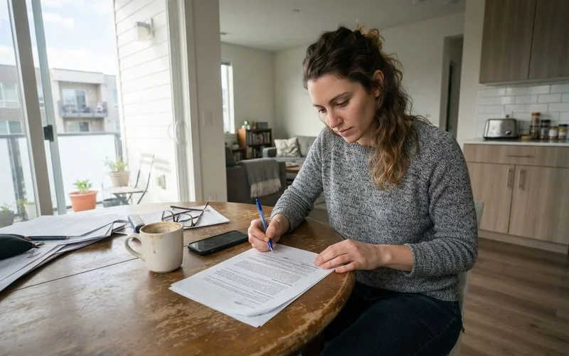 A tenant reviewing a lease agreement at a kitchen table with a notepad, discussing property maintenance responsibilities
