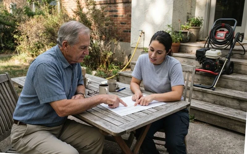 An elderly homeowner and adult family member reviewing a written quote from a pressure washing company together