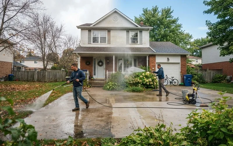 A calendar-style graphic showing pollen on a driveway in spring, algae on shaded siding in summer, and leaves in gutters during fall in Columbia SC