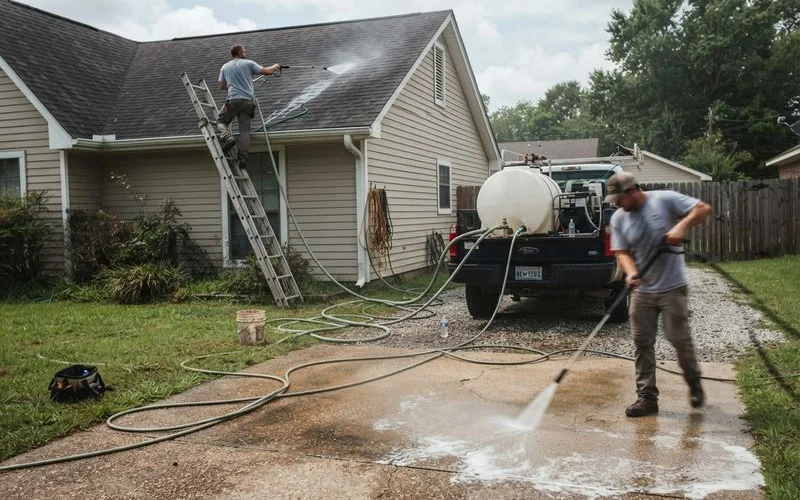 A roof being soft washed with low pressure cleaning solution versus a driveway being pressure washed with a surface cleaner attachment